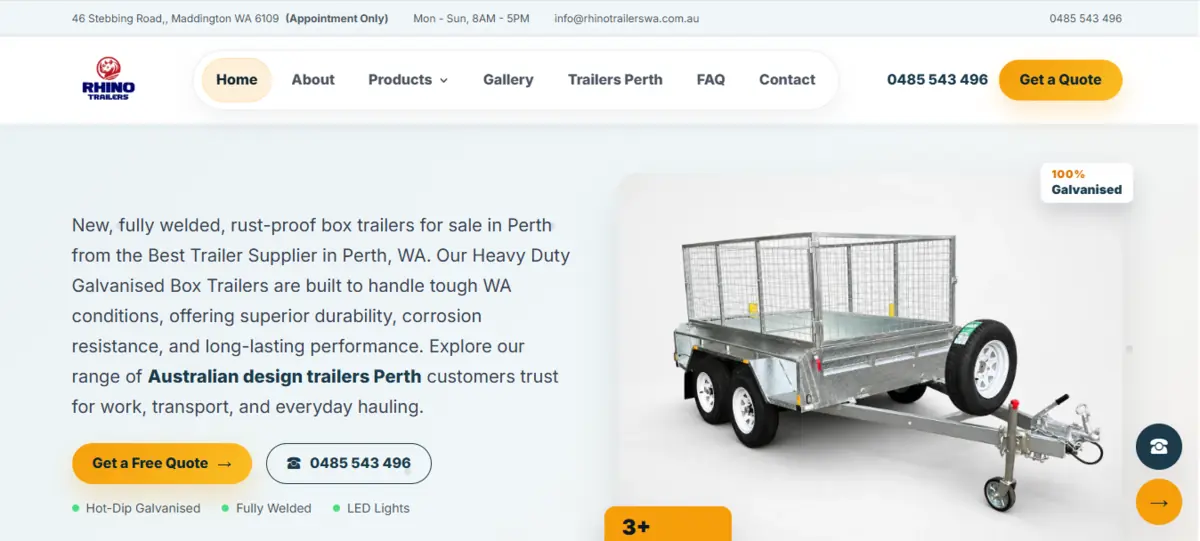 Rhino Trailers WA website homepage designed by Azytechie